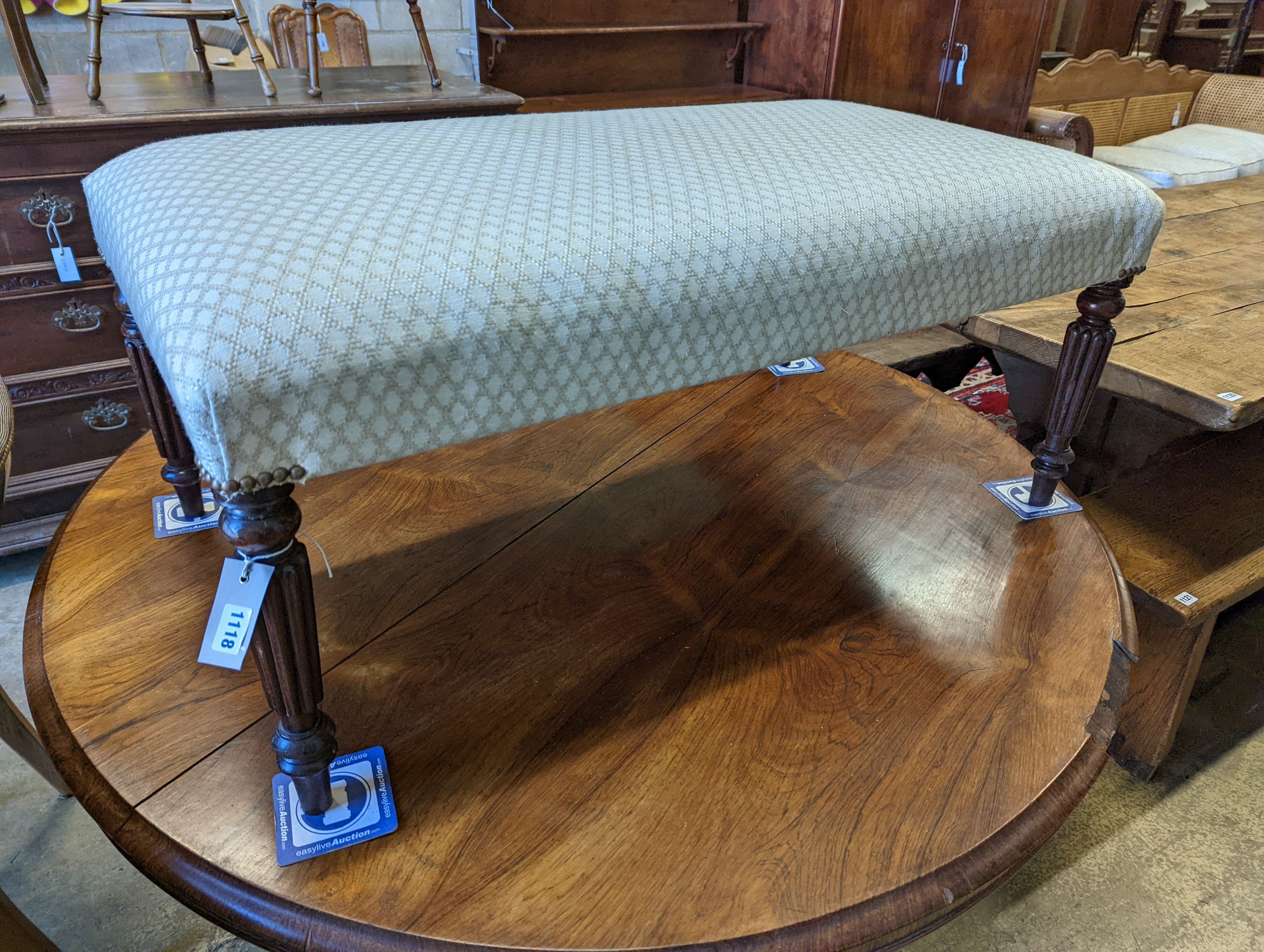 A Regency and later rectangular foot stool, upholstered in Colefax & Fowler Bertram fabric, length 103cm, depth 57cm, height 46cm